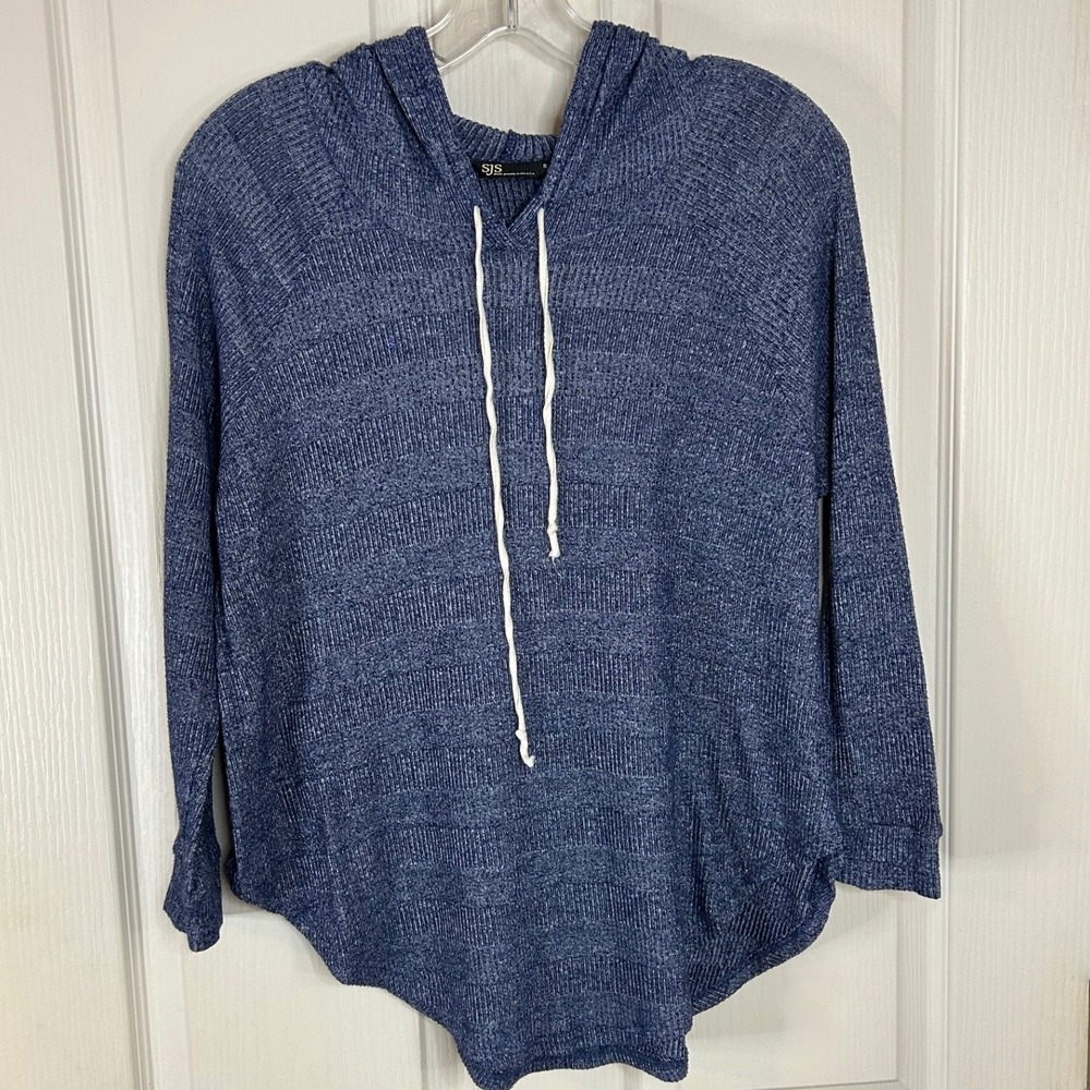SJS Made in USA Blue Hoodie Long Sleeve Pullover Knit‎ Top Size Small